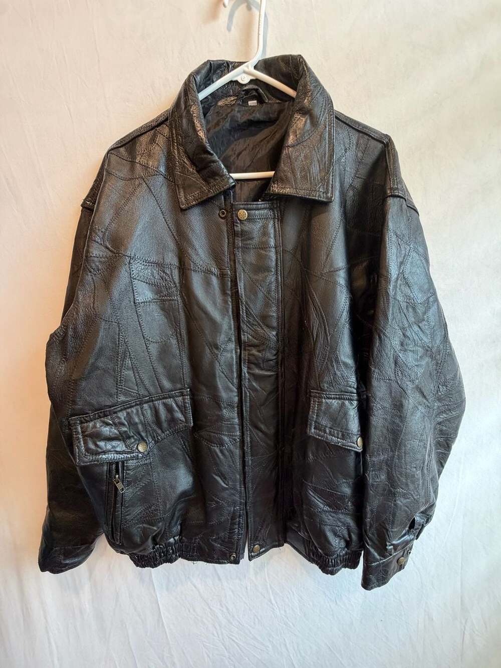 Vintage Patchwork Leather Bomber Jacket Size XXL Black